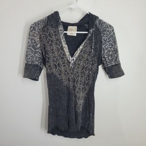 3/4 Sleeve V-neck Hooded Top